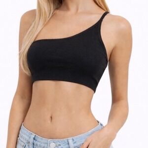Nikibiki Black Ribbed One Shoulder Seamless Crop Top OS Made in USA